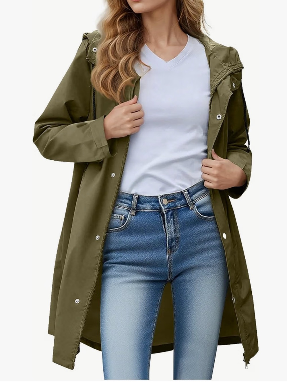 Olive Green Hooded Lightweight Trench Coat - Women